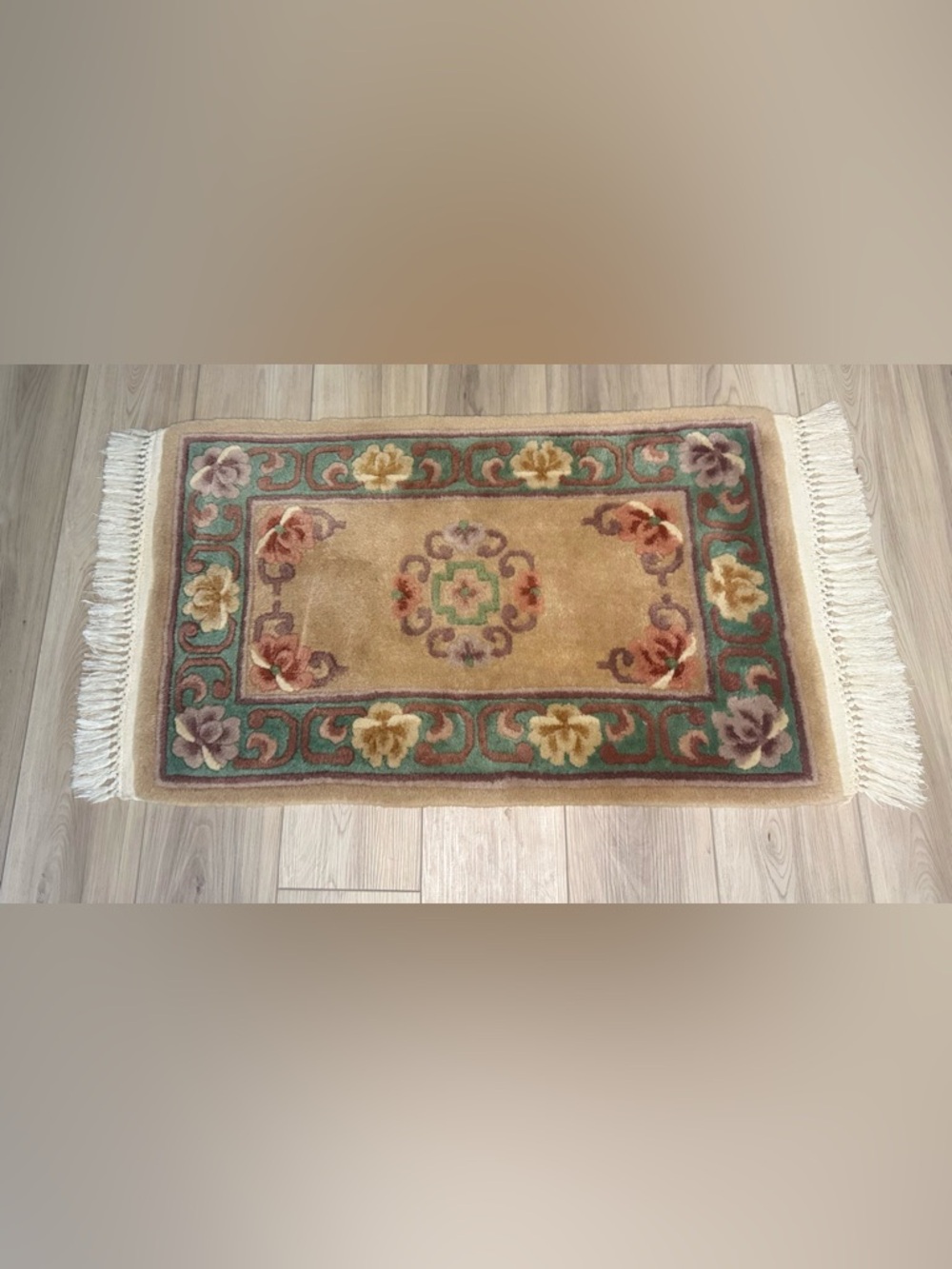 SOLD! - Trans‑Ocean Hand‑Carved Wool Accent Rug | 2x3 | Floral Border | Vintage - Picture 2 of 12